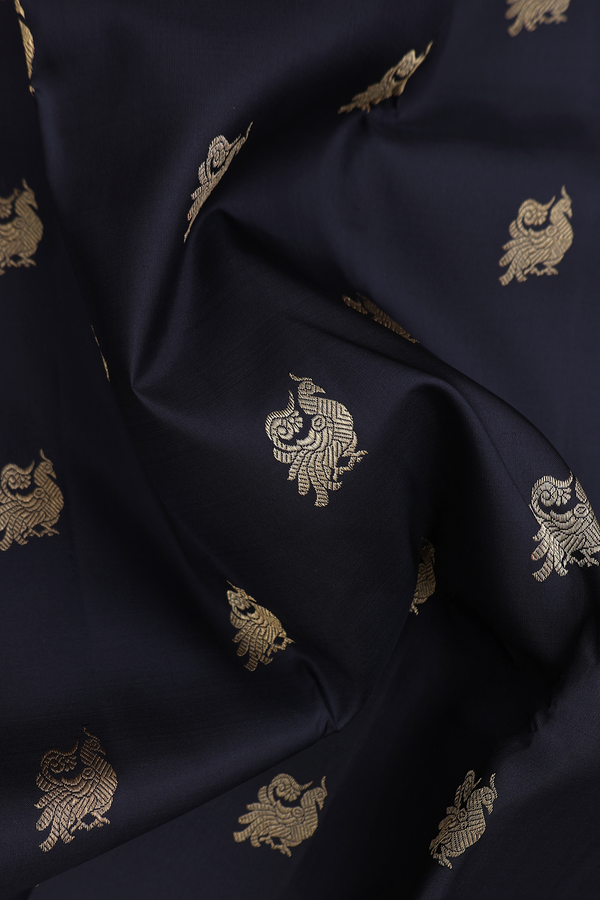 Kanchipuram Silk Saree In Black With Peacock Buttas