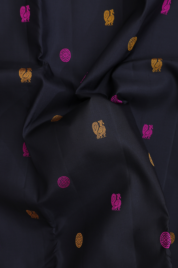 Kanchipuram Silk Saree In Black With Peacock Buttas
