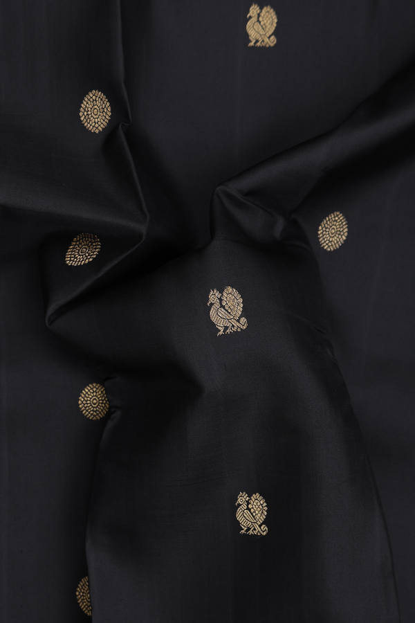 Kanchipuram Silk Saree In Black With Peacock Buttas