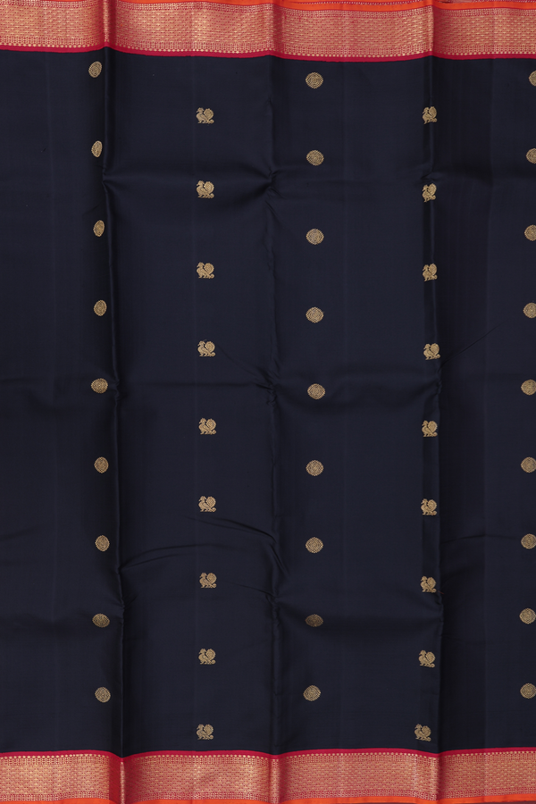Kanchipuram Silk Saree In Black With Peacock Chakram Buttas
