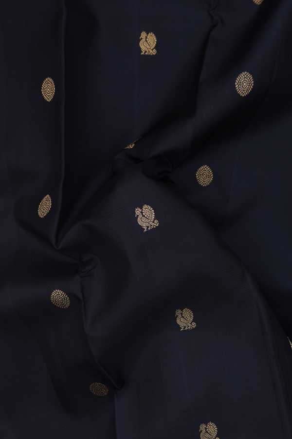 Kanchipuram Silk Saree In Black With Peacock Chakram Buttas