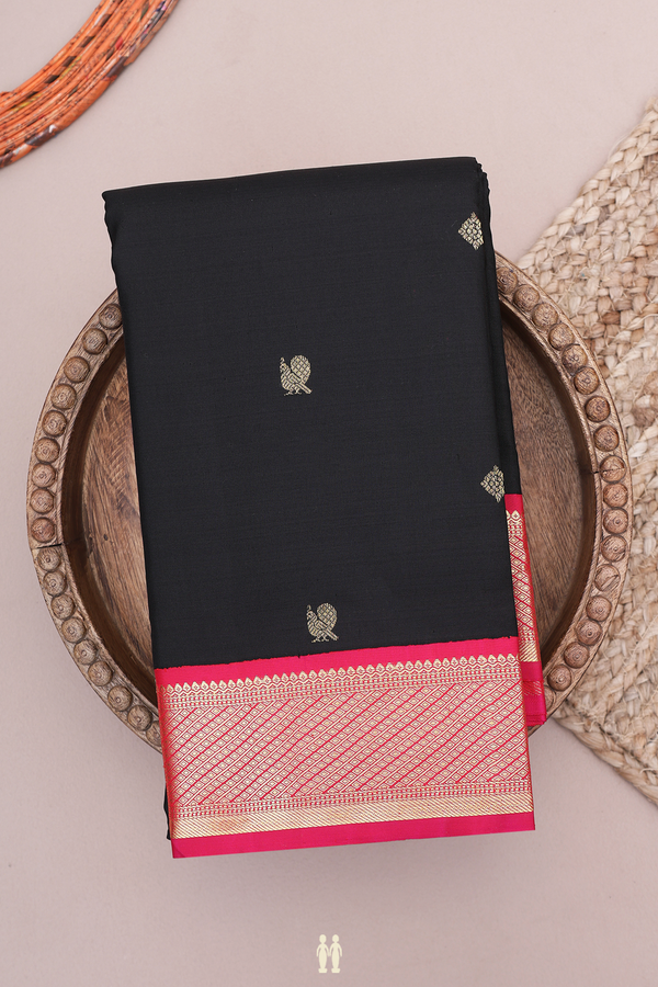 Kanchipuram Silk Saree In Black With Peacock Zari Buttas