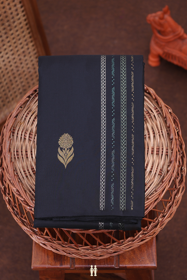 Kanchipuram Silk Saree In Black With Stripes Along Buttas