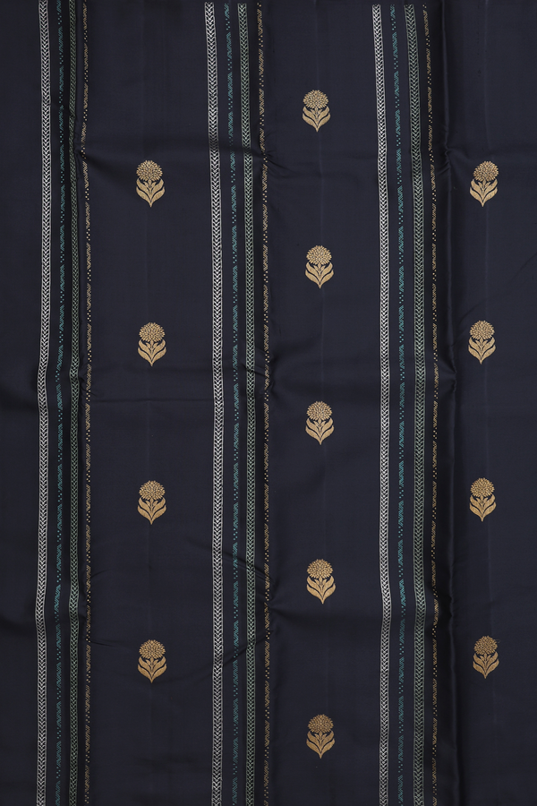 Kanchipuram Silk Saree In Black With Stripes Along Buttas