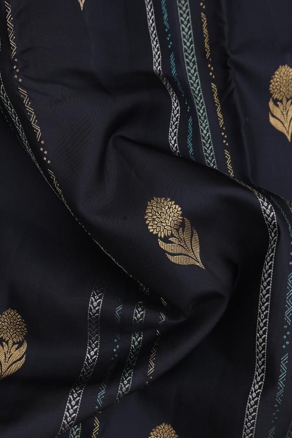 Kanchipuram Silk Saree In Black With Stripes Along Buttas