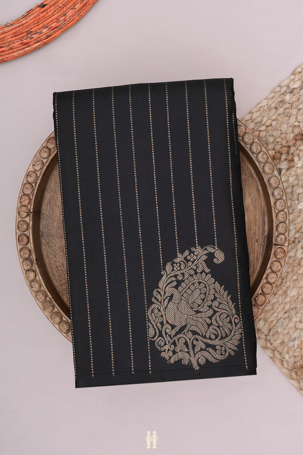 Kanchipuram Silk Saree In Black With Stripes Design