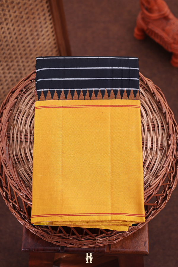 Kanchipuram Silk Saree In Black With Stripes Design