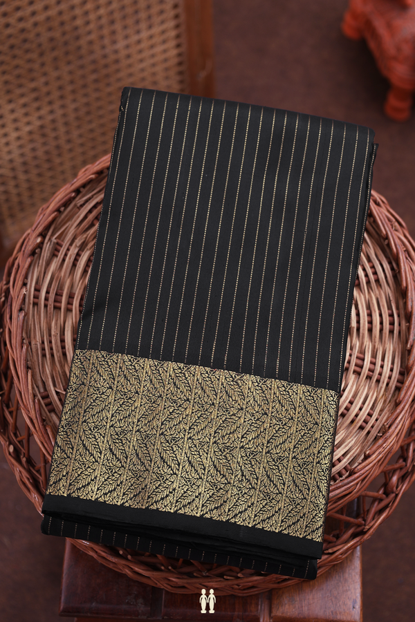 Kanchipuram Silk Saree In Black With Stripes Design