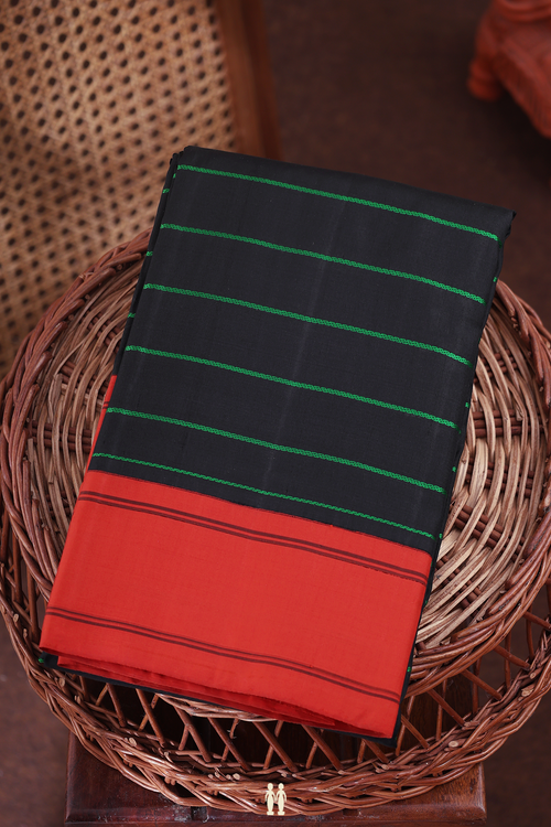 Kanchipuram Silk Saree In Black With Stripes Design