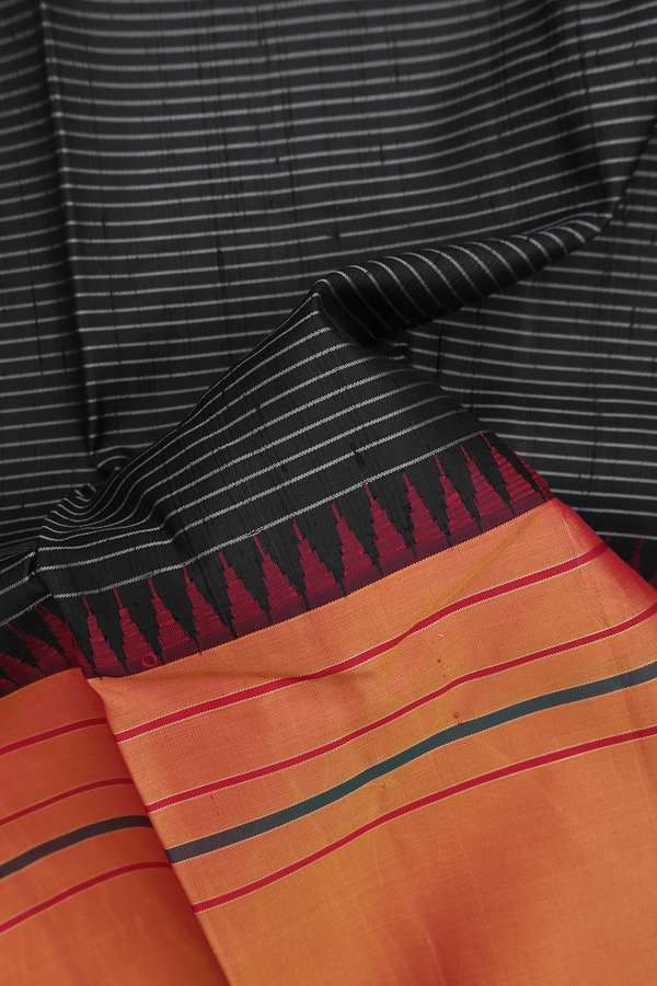 Kanchipuram Silk Saree In Black With Stripes Design