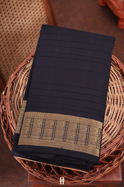 Kanchipuram Silk Saree In Black With Threadwork Stripes Design