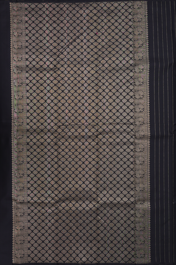 Kanchipuram Silk Saree In Black With Stripes Design