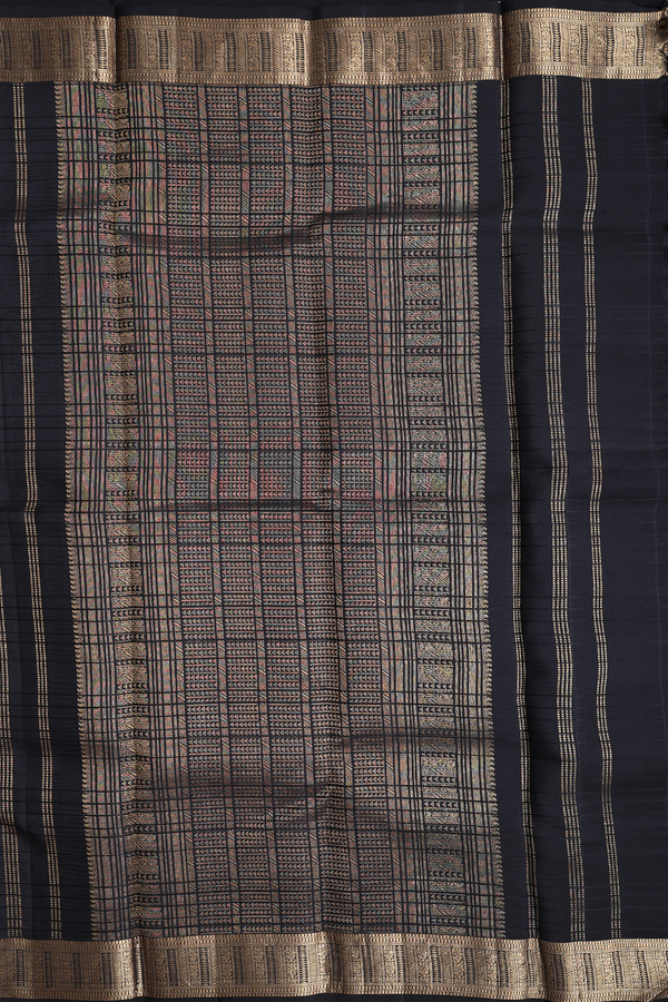 Kanchipuram Silk Saree In Black With Threadwork Stripes Design