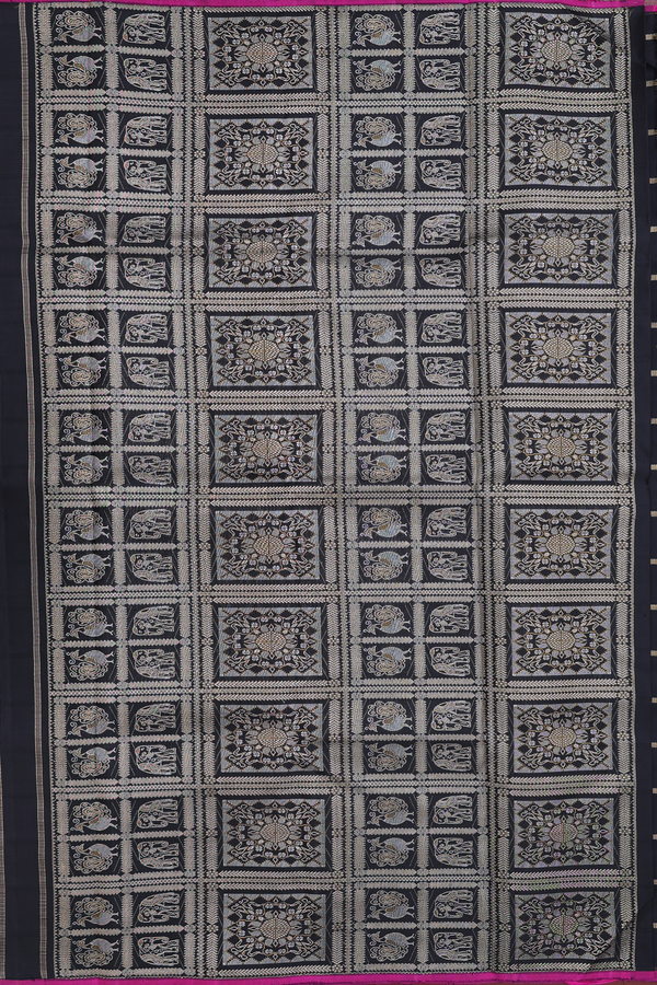 Kanchipuram Silk Saree In Black With Stripes Design