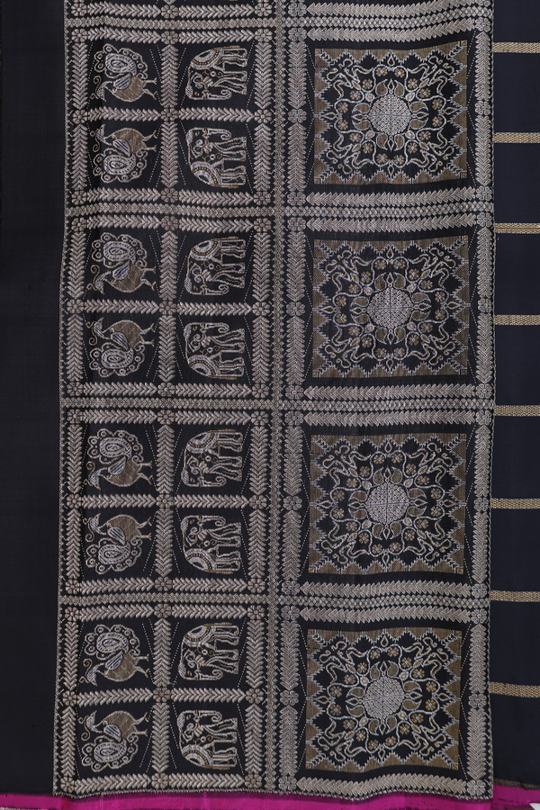 Kanchipuram Silk Saree In Black With Stripes Design