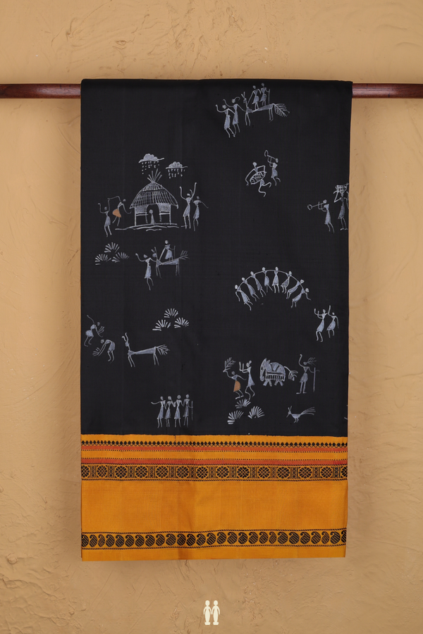 Kanchipuram Silk Saree In Black With Warli Design