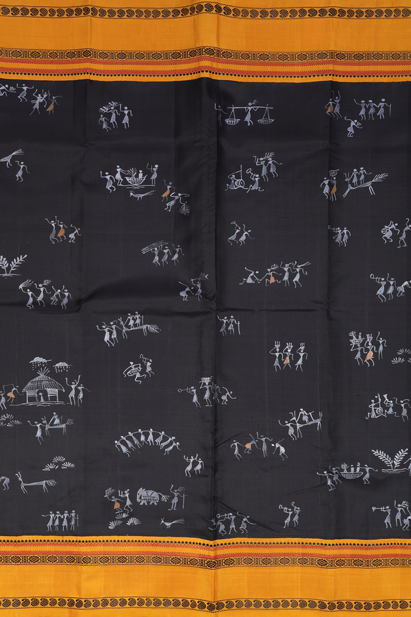 Kanchipuram Silk Saree In Black With Warli Design