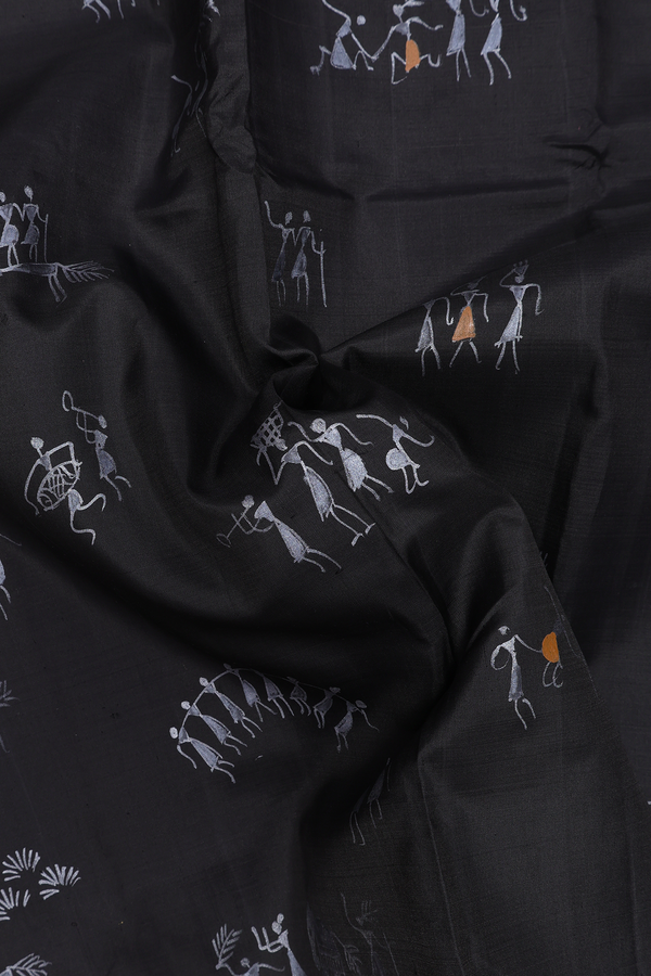 Kanchipuram Silk Saree In Black With Warli Design