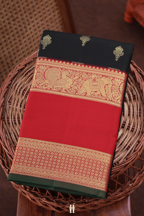 Kanchipuram Silk Saree In Black With Zari Buttas