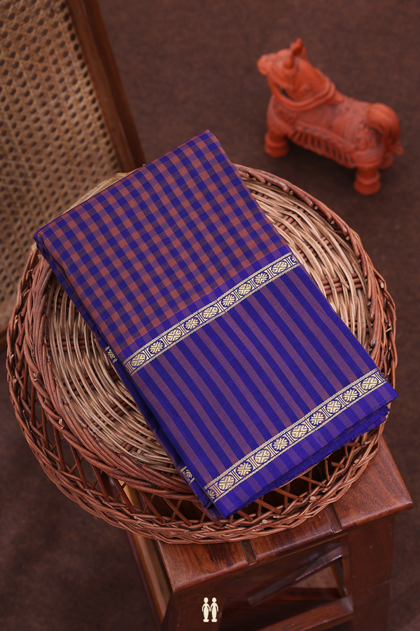 Kanchipuram Silk Saree In Blue And Brown With Checks Design
