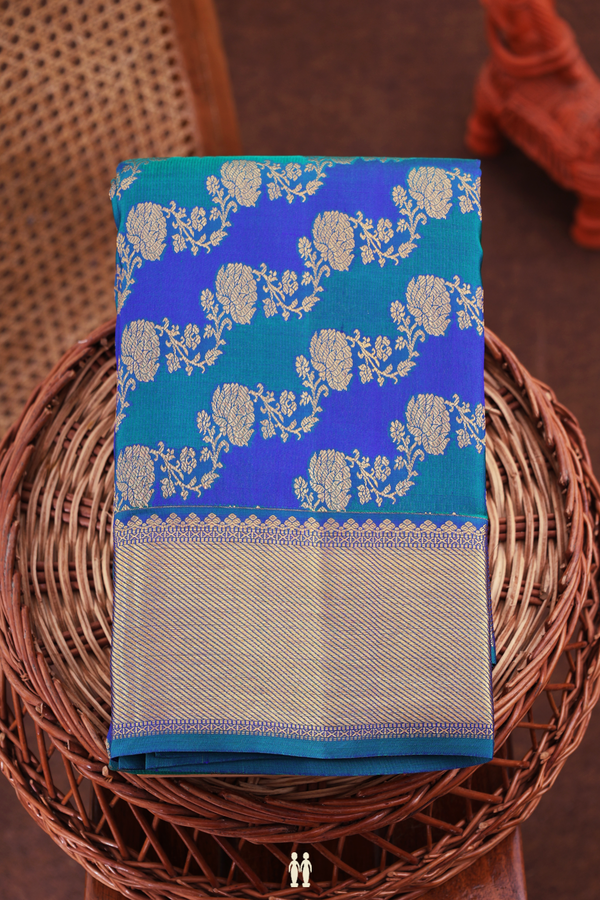 Kanchipuram Silk Saree In Blue And Green With Floral Design