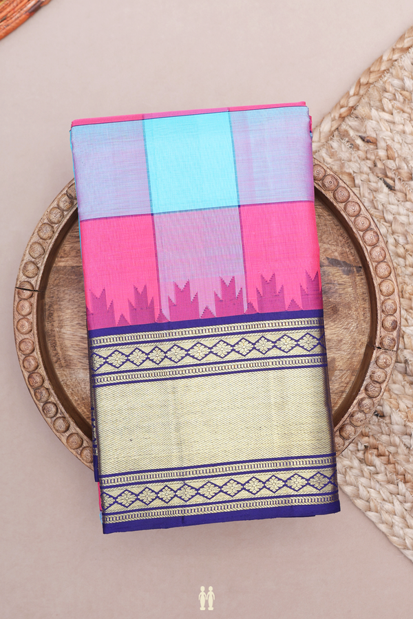 Kanchipuram Silk Saree In Blue And Pink With Checked Design