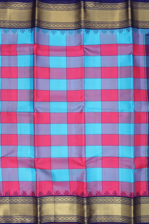 Kanchipuram Silk Saree In Blue And Pink With Checked Design