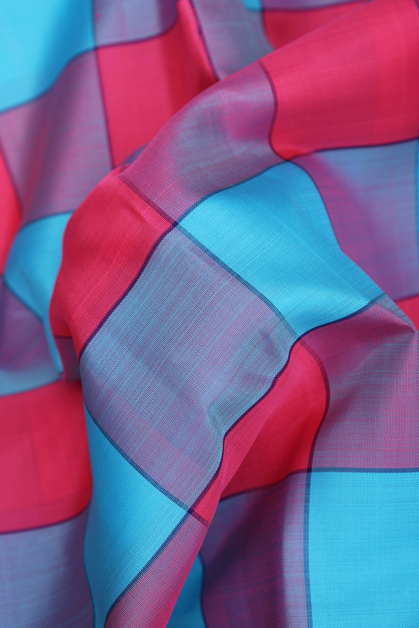 Kanchipuram Silk Saree In Blue And Pink With Checked Design