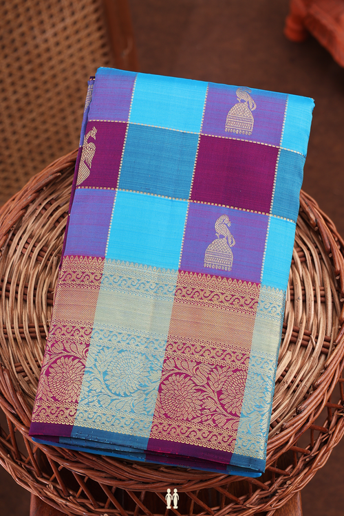Kanchipuram Silk Saree In Blue And Purple With Checks Design