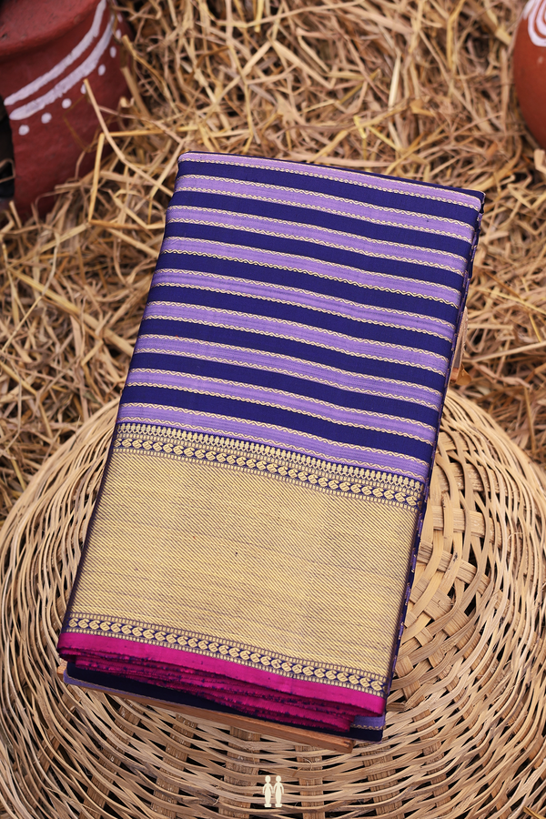 Kanchipuram Silk Saree In Blue And Purple With Stripes Design