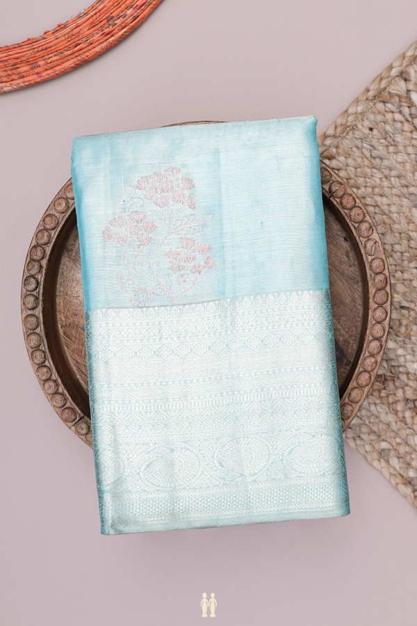 Kanchipuram Silk Saree In Blue Tissue With Floral Design