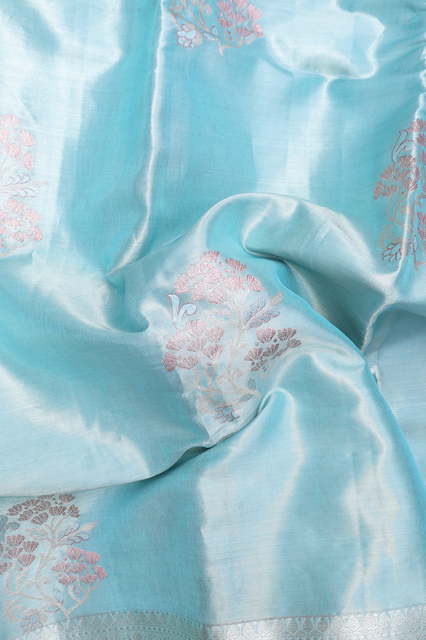 Kanchipuram Silk Saree In Blue Tissue With Floral Design