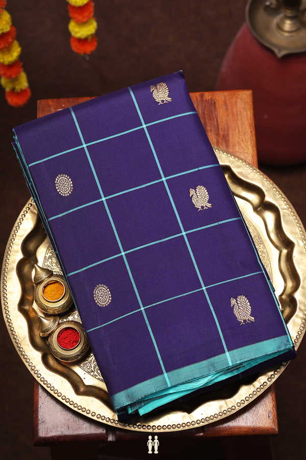 Kanchipuram Silk Saree In Blue With Checks Along Buttas