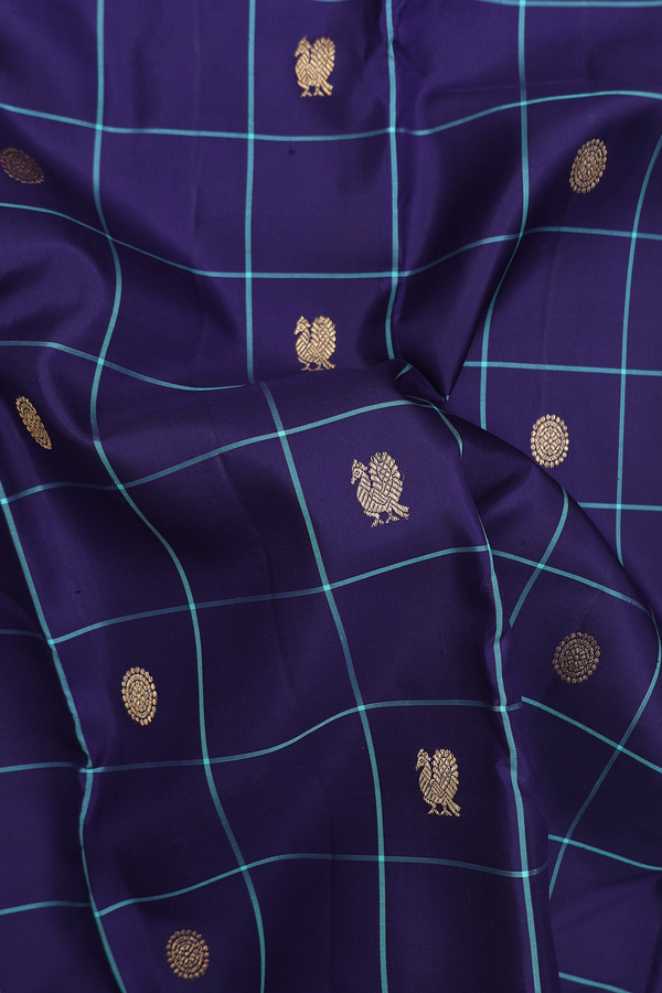 Kanchipuram Silk Saree In Blue With Checks Along Buttas