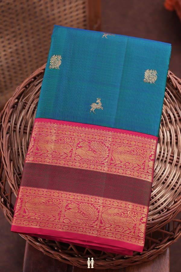 Kanchipuram Silk Saree In Blue With Deer And Peacock Buttas