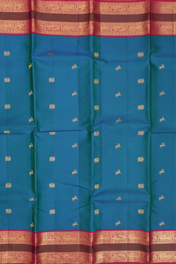 Kanchipuram Silk Saree In Blue With Deer And Peacock Buttas