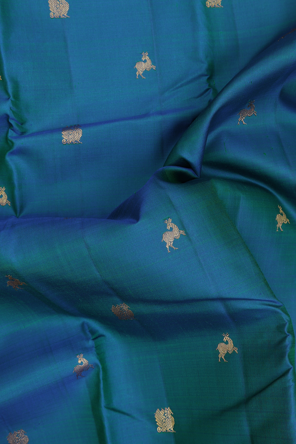 Kanchipuram Silk Saree In Blue With Deer And Peacock Buttas