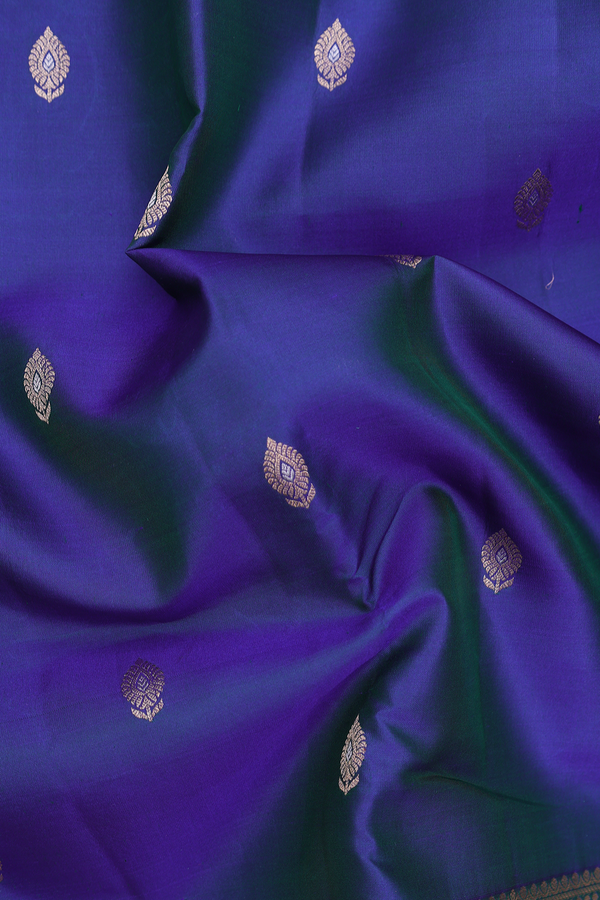 Kanchipuram Silk Saree In Blue With Floral Buttas