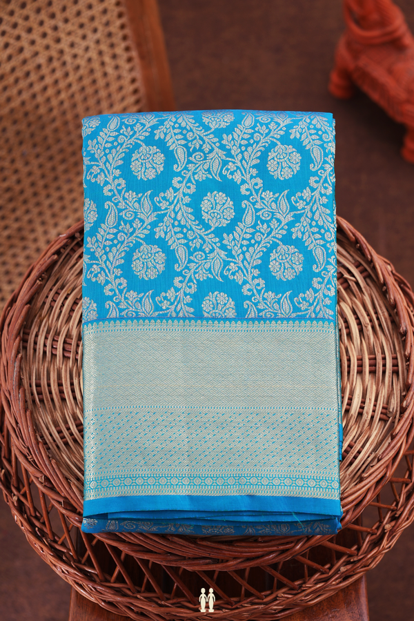 Kanchipuram Silk Saree In Blue With Floral Design