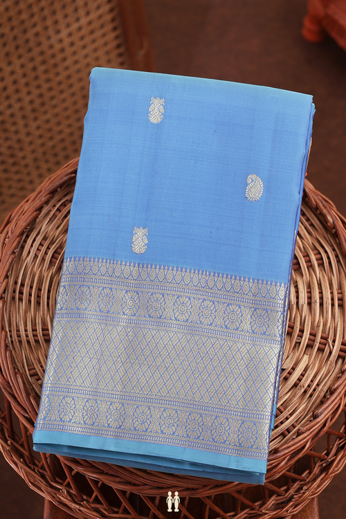 Kanchipuram Silk Saree In Misty Blue With Paislye Buttas