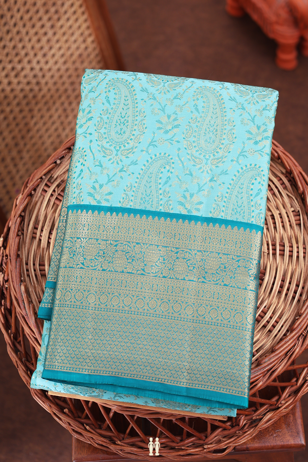 Kanchipuram Silk Saree In Blue With Paisley Design