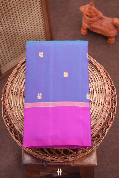 Kanchipuram Silk Saree In Blue With Peacock Buttas