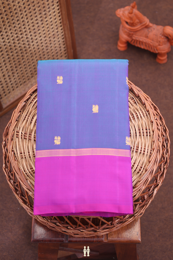 Kanchipuram Silk Saree In Blue With Peacock Buttas