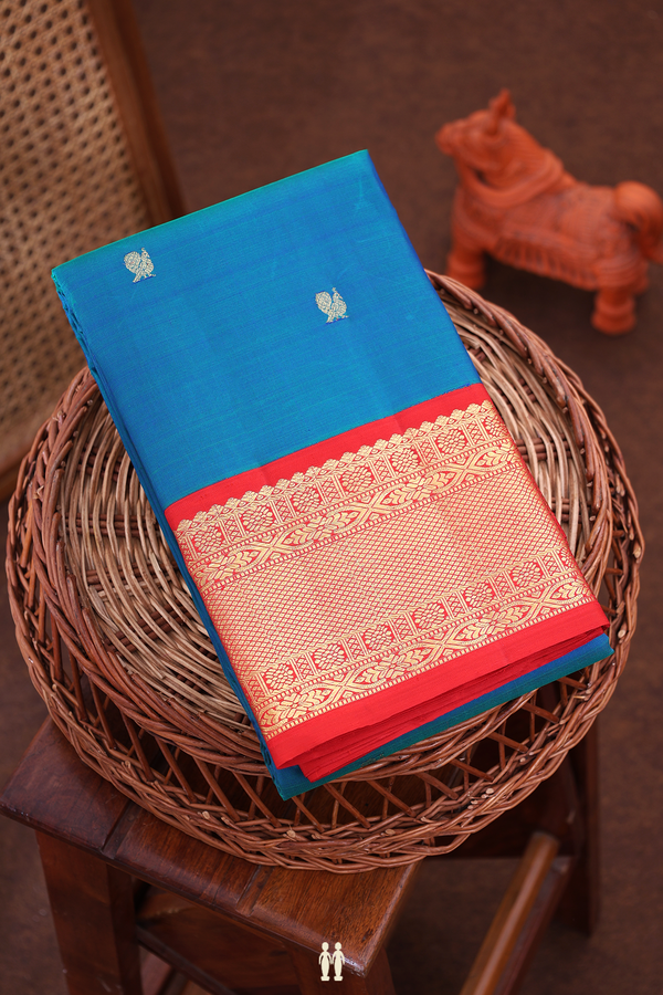 Kanchipuram Silk Saree In Blue With Peacock Buttas