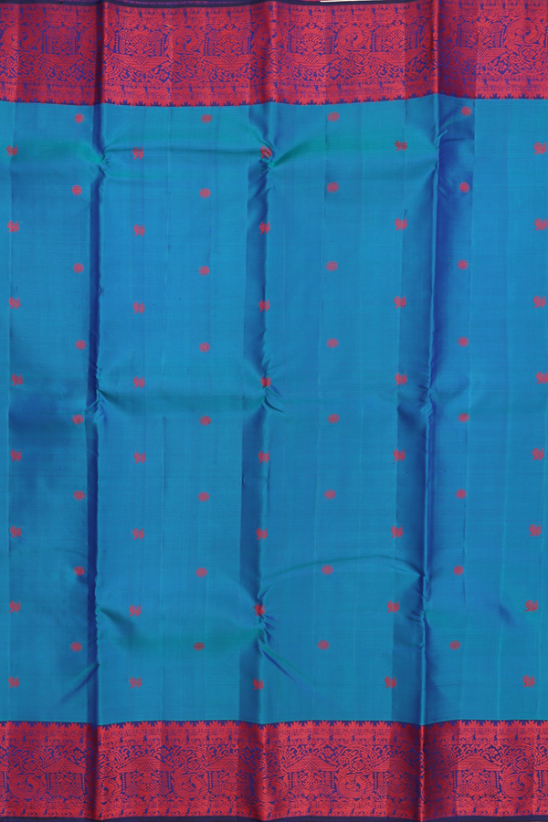 Kanchipuram Silk Saree In Blue With Peacock Buttas