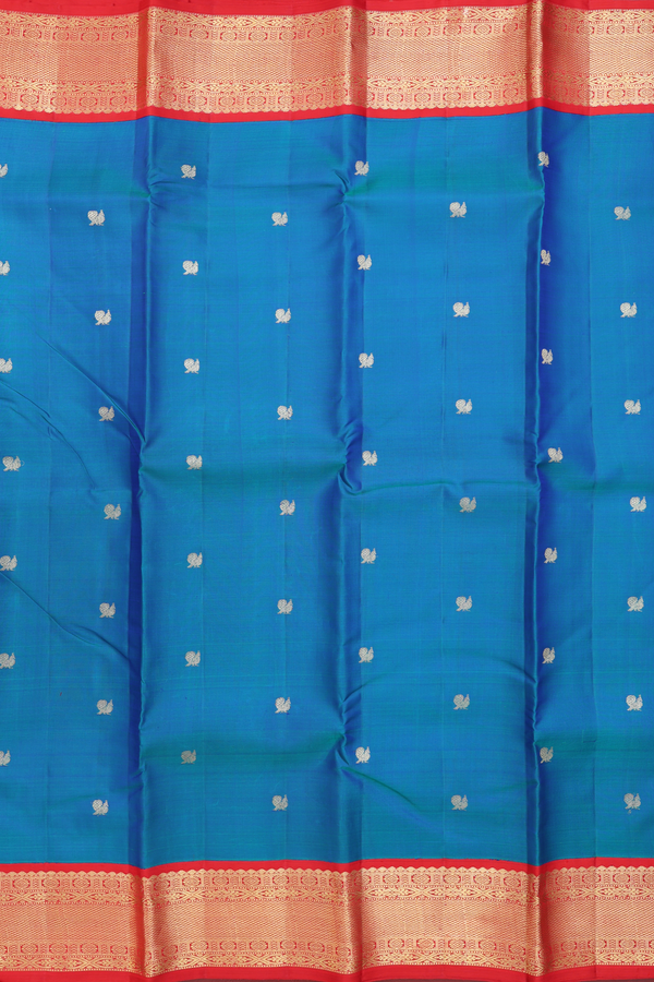 Kanchipuram Silk Saree In Blue With Peacock Buttas