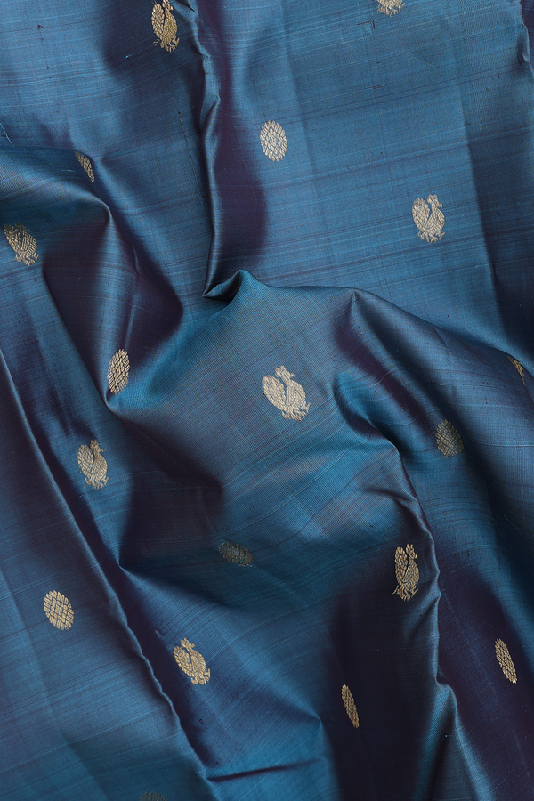 Kanchipuram Silk Saree In Blue With Peacock Buttas