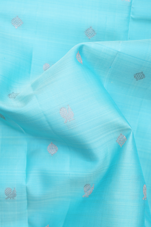 Kanchipuram Silk Saree In Blue With Peacock Buttas