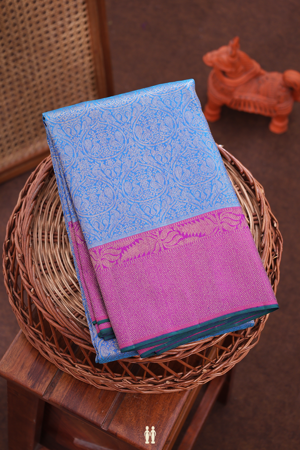 Kanchipuram Silk Saree In Blue With Peacock Design