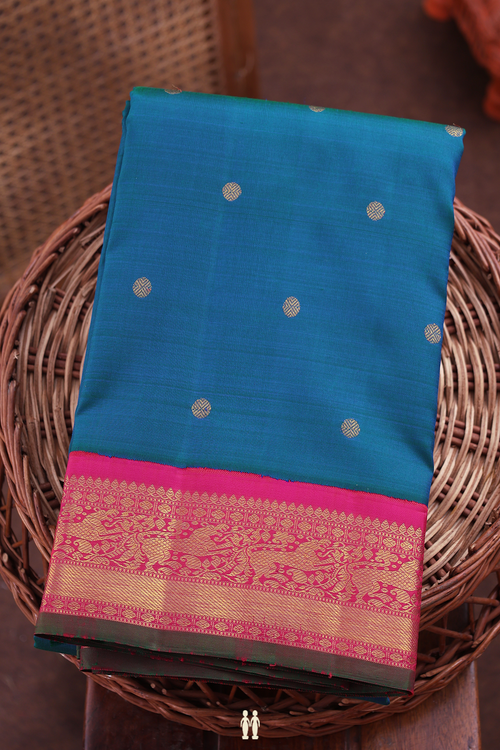 Kanchipuram Silk Saree In Blue With Rudraksh Buttas